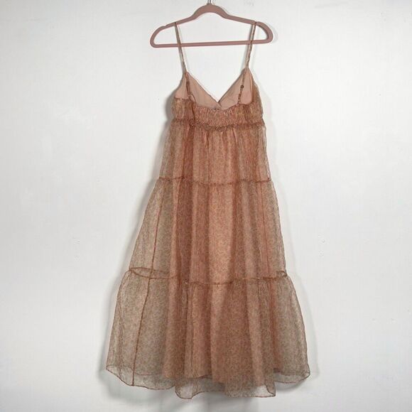 Zara Organza Tiered Floral Midi Dress Womens Sz M Peach Spaghetti Straps - Picture 5 of 11